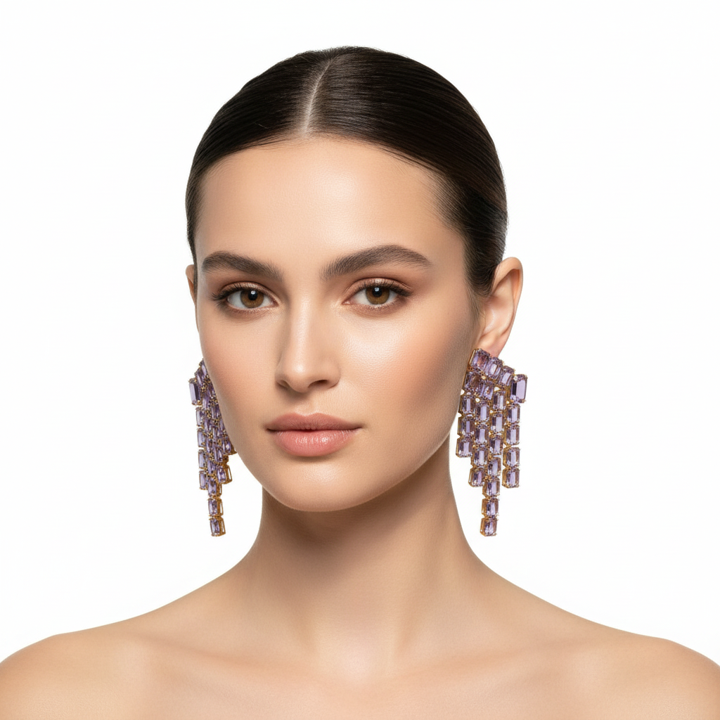Pair of earrings with purple gemstones on a light gray background