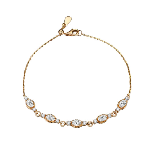 Gold bracelet with clear stones on a white background, branded