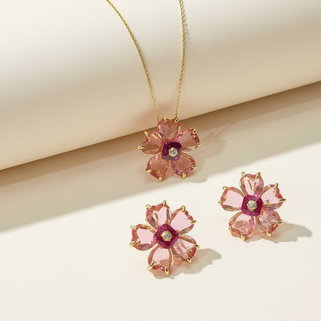 pink and red flower jewelry set